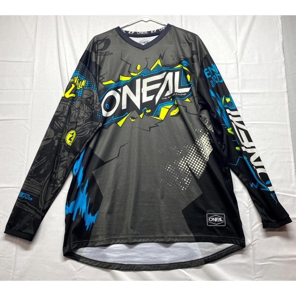 O'Neal Element Villain Motocross Jersey Mens XL Gray Black Graphic Print V Neck